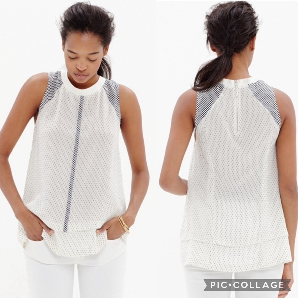 Madewell 100% Silk Navy Blue Cream Incline Raindrop High Neck Swing Tank Top